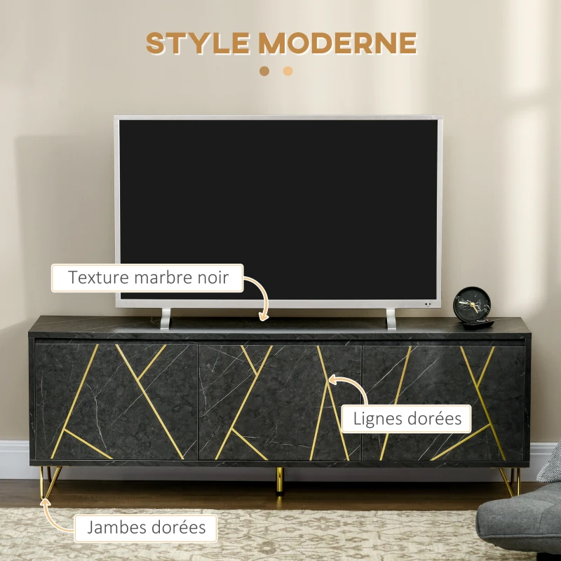 HOMCOM Meuble TV banc TV jusqu'à 65 pouces texture longueur 147 cm effet marbre 2 placards 3 portes à amortissement étagères réglables passe-câbles charge 100 Kg - 147 x 35 x 52 cm - pied en métal