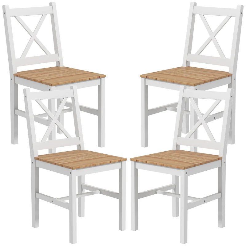 HOMCOM Lot de 4 chaises design style maison de campagne, cadre blanc – Parfaites pour salle à manger, cuisine ou salon