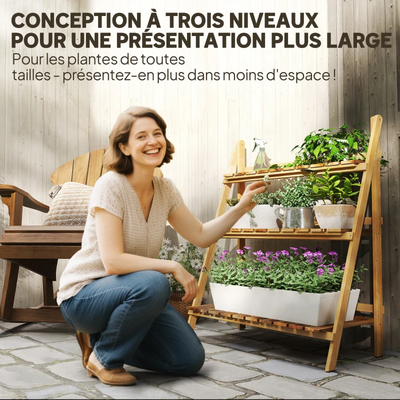Outsunny Étagère à plantes en bois forme pyramidale échelle pliante avec 3 étagères 80 x 37 x 93 cm marron