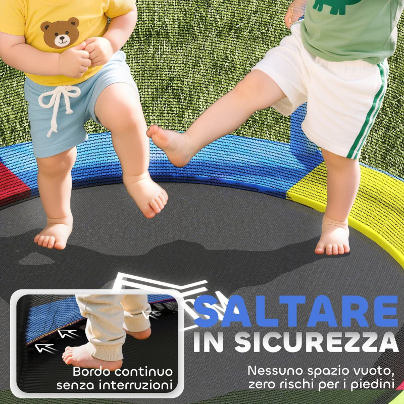 HOMCOM Tappeto Elastico per Bambini 3-6 Anni con Rete di Protezione, 6 Colonne e 3 Ingressi, Ø140x190 cm, Multicolore