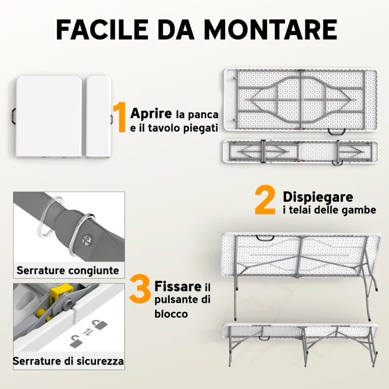 Outsunny Set da Pic Nic Pieghevole a 3 Pezzi con Tavolo e 2 Panche in HDPE e Metallo, Bianco e Grigio Chiaro