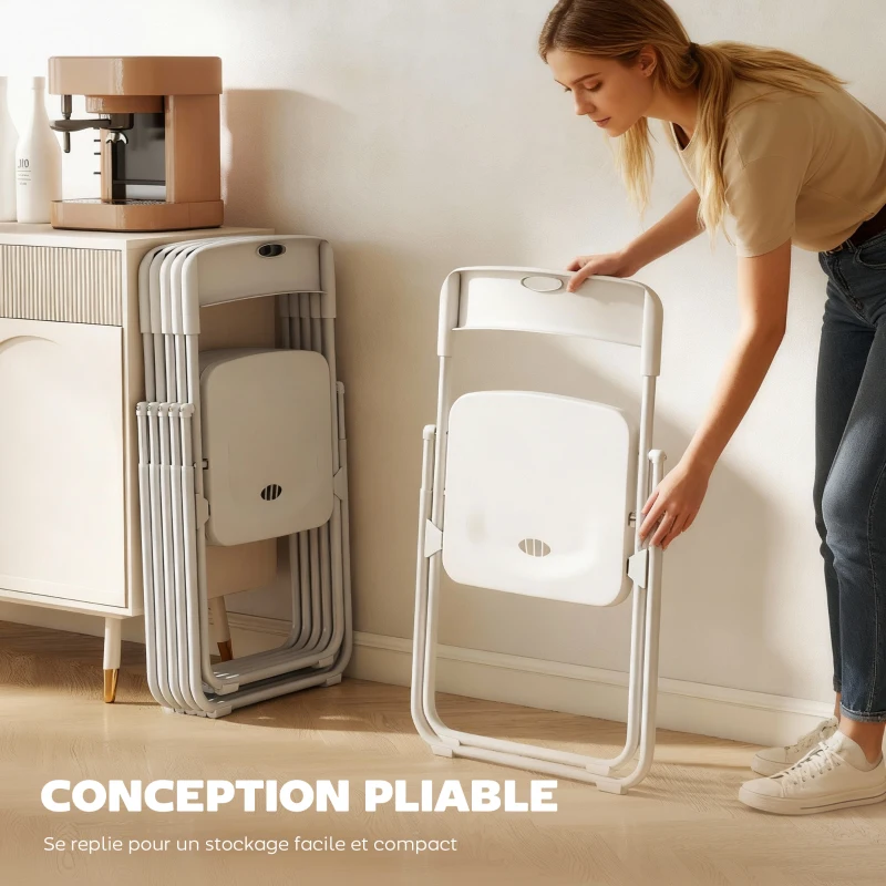 HOMCOM Lot de 6 chaises pliantes portables en plastique et acier, dossier incurvé, assise concave, 48,5 x 47 x 75 cm, blanc
