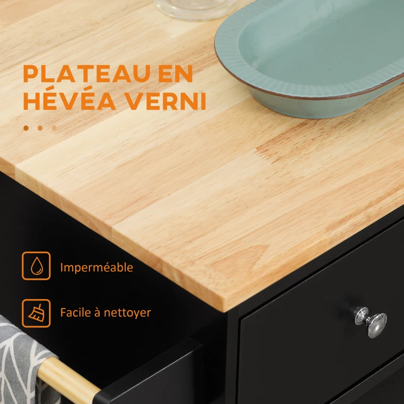 HOMCOM Desserte de cuisine ilôt cuisine avec plan de travail étagère range-bouteilles porte-torchons 2 tiroirs placard 2 portes MDF noir hévéa