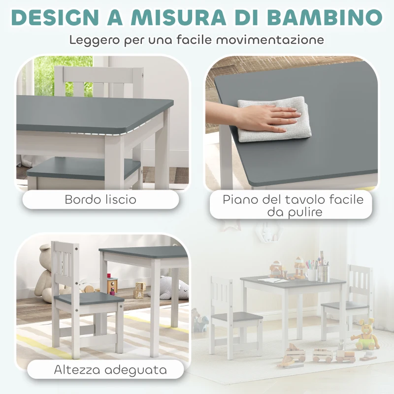 AIYAPLAY Set Tavolo e Sedie per Bambini da 3-8 Anni 3 pz in Legno con Bordi Arrotondati, Grigio e Bianco