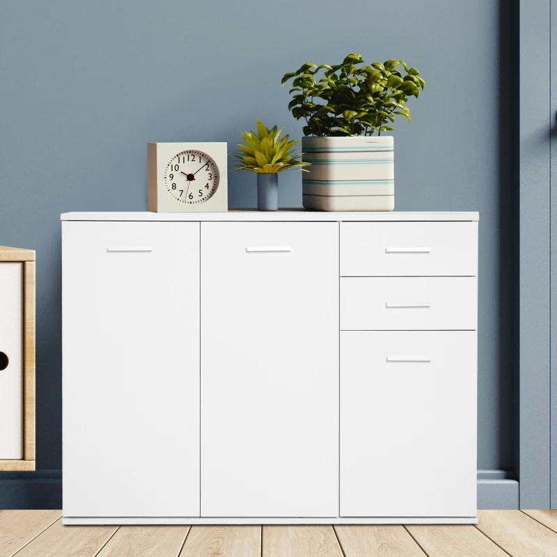 HOMCOM Buffet salon à haut brillance, meuble de rangement avec 2 tiroirs, 3 portes et étagère réglable, style contemporain, buffet salle à manger et cuisine, 106 x 35 x 76 cm, blanc