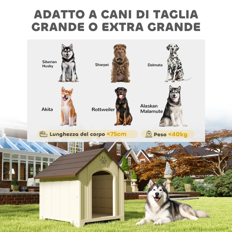 PawHut Cuccia per Cani Rialzata con Tetto Inclinato e Prese d'Aria, in PP, 102x94x103 cm, Beige e Marrone Scuro