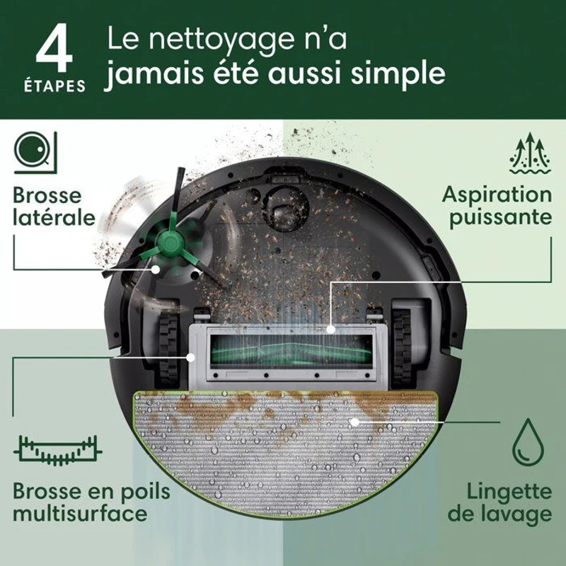 iRobot Roomba 105 Combo - Robot Aspirateur Laveur 2en1 - 7KPa - Navigation LiDAR - Détection des Tapis - 4 Niveaux d'Aspiration