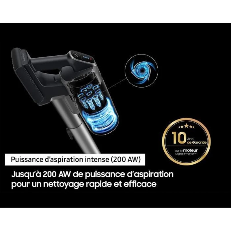 SAMSUNG Jet 75E Complete VS20B75CR5 - Aspirateur Balai sans Fil - Puissance 200 AW - Autonomie 60 min - Station murale - 3 brosses