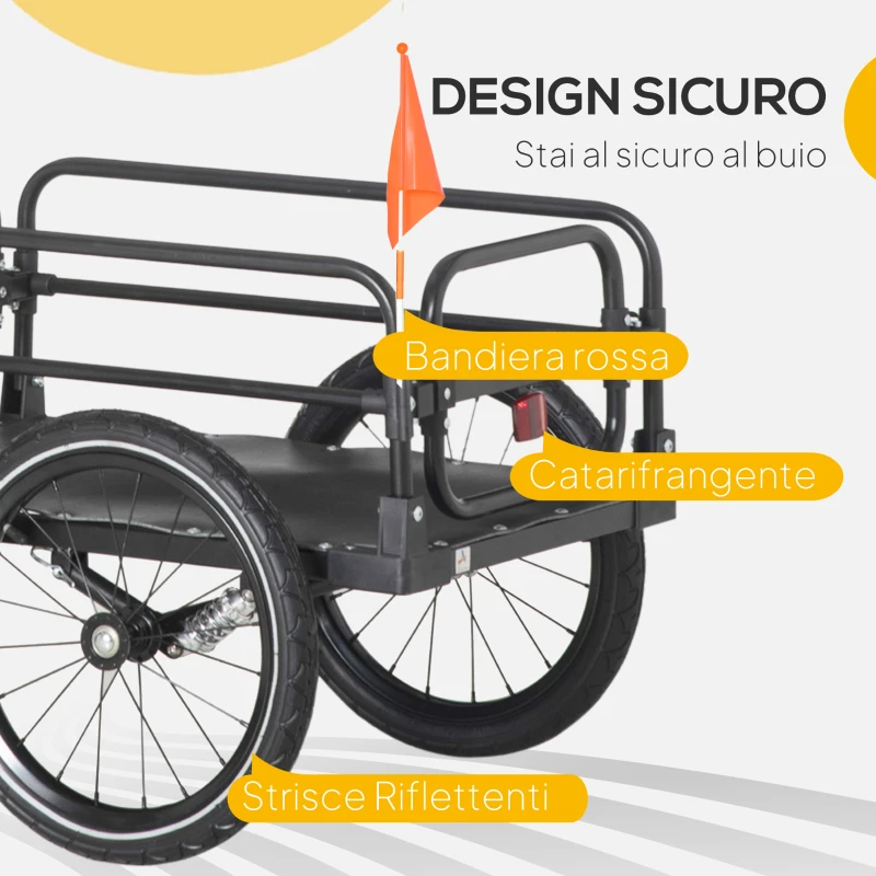 HOMCOM Carrello Bici da 70L con 2 Ruote da 16", 2 Catarifrangenti e Bandierina, in Acciaio e PE, 125x64x53.5 cm, Nero
