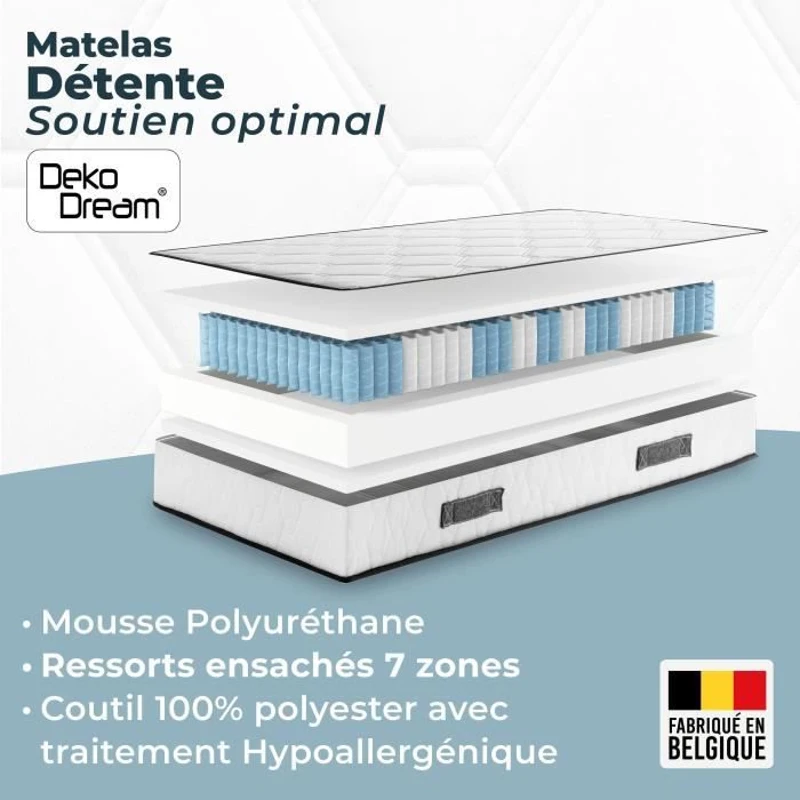 Ensemble matelas sommier 160 x 200 cm Hauteur 19 cm - ressorts ensachés - 7 zones - réversible - fabriqué en Belgique - DEKO DREAM