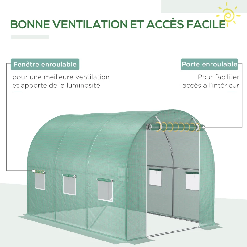 Outsunny Bâche de Rechange Serre Tunnel 6 m², bâche 3 x 2 x 2 m PE Anti-UV imperméable 6 fenêtres + Porte Enroulable zippée Vert