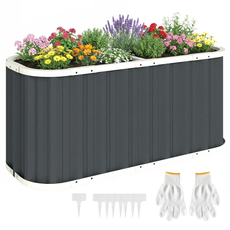 Outsunny Metal Raised Bed 136 x 53 x 61 cm Deep Garden Bed with Safety Edges, Plant Labels, Gloves, Open Bottom