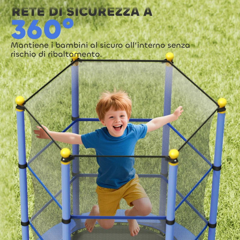 HOMCOM Tappeto Elastico per Bambini con Rete di Sicurezza e Pali Imbottiti Età 3-10 Anni, Ø140 x 190 cm, Blu