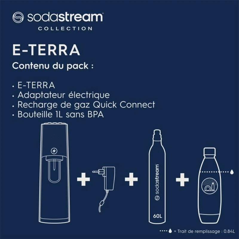 Machine a soda et eau pétillante - SODASTREAM - E-TERRA - 1 bouteille compatible lave-vaisselle - 1 recharge de gaz 60L - Noir