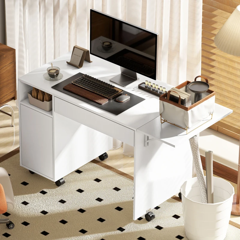 HOMCOM Bureau d'ordinateur sur roulettes, table informatique avec abattant, tiroir, placard et compartiment, 130 x 58 cm, blanc