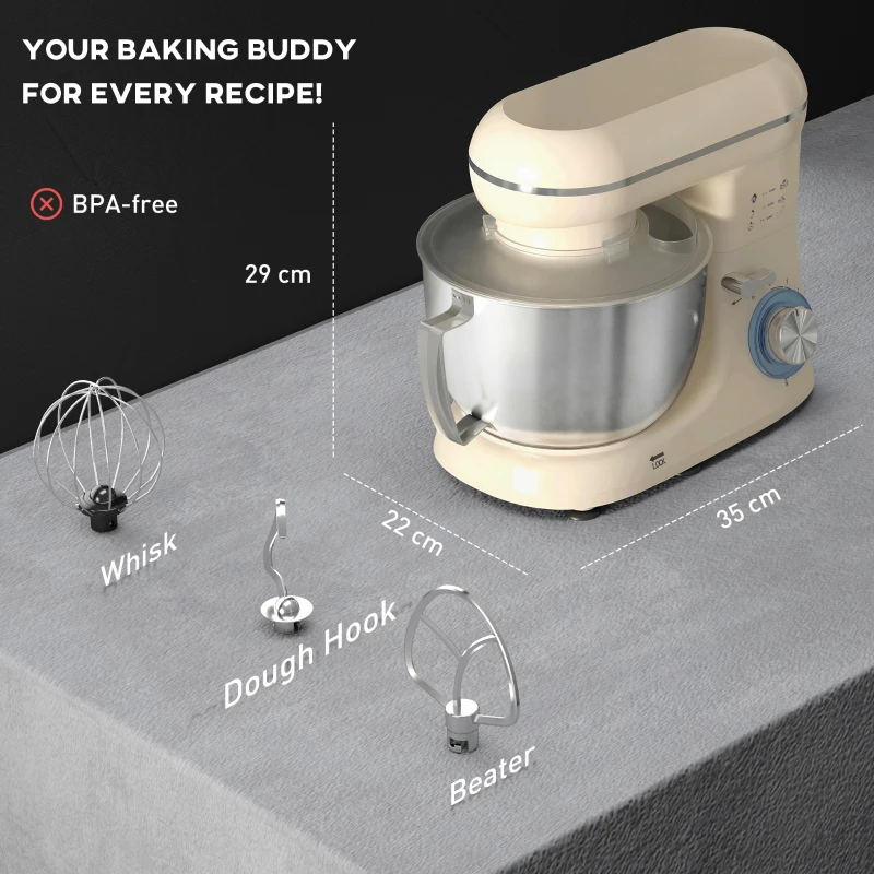 HOMCOM Robot de bucătărie 4,5 L 1300 W 6 viteze bol din oțel inoxidabil tel cârlig paletă bej