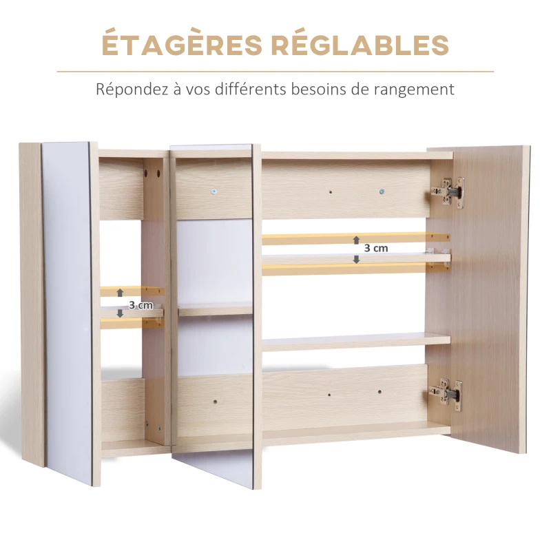kleankin Armoire murale salle de bain, meuble de rangement avec miroir, 2 placards avec 3 étagères en bois, 90 x 60 x 13,5 cm
