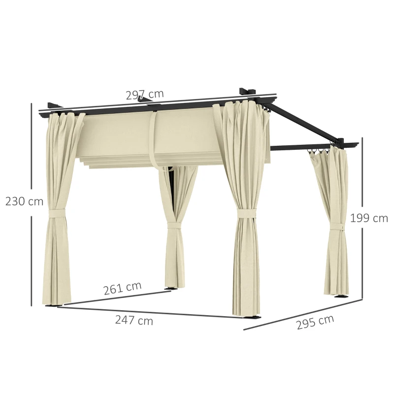 Outsunny 3 x 3 m Retractable Roof Pergola, with Curtains - Beige