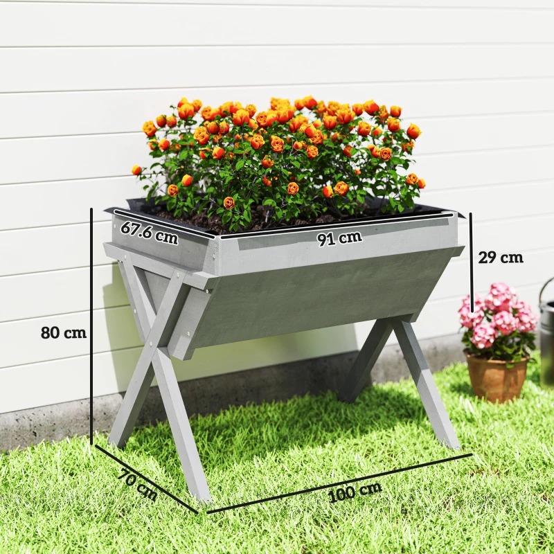 Outsunny Wooden Raised Garden Bed with Bed Liner, Elevated Planter Box with Legs, Light Grey