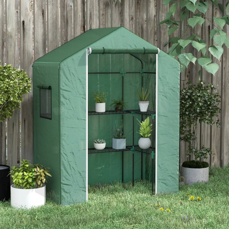 Outsunny Serre de jardin avec 1 porte, 2 fenetres et 2 étagères en forme de U pour Légumes Plantes Fleurs Bâche PE 140x73x190 cm