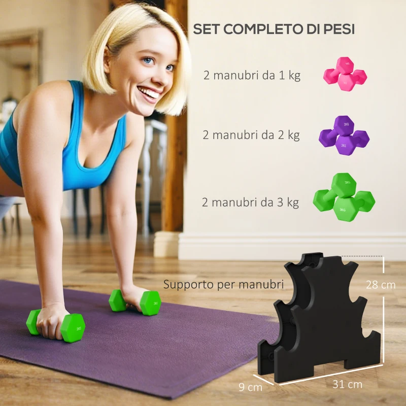 SPORTNOW Set Manubri con Supporto, 6 Manubri Totali 2x1 kg, 2x2 kg, 2x3 kg, Multicolore