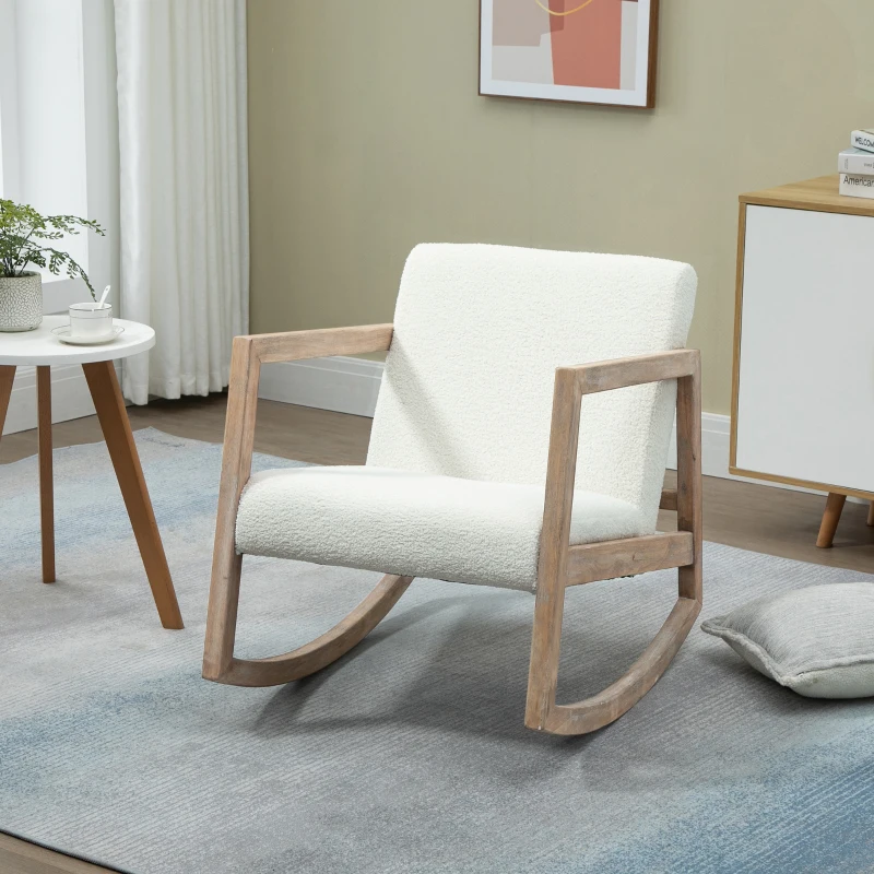 HOMCOM Fauteuil à bascule fauteuil allaitement rocking chair en tissu effet laine bouclée avec pieds en bois massif d'hévéa, chaise à bascule pour chambre, salon - 60 x 81 x 71 cm blanc crème