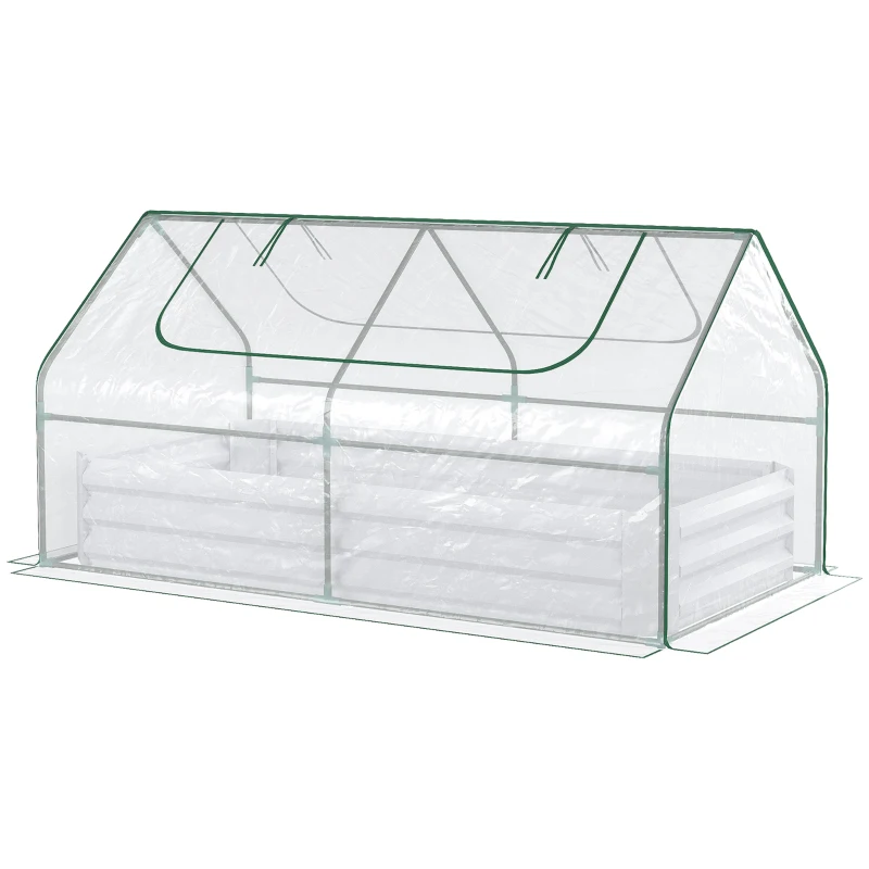 Outsunny Raised Garden Bed with Greenhouse, Steel Planter Box with Plastic Cover, Roll Up Window, Dual Use for Flowers, Vegetables, Fruits and Herbs, 185L x 95W x 92H cm, Clear