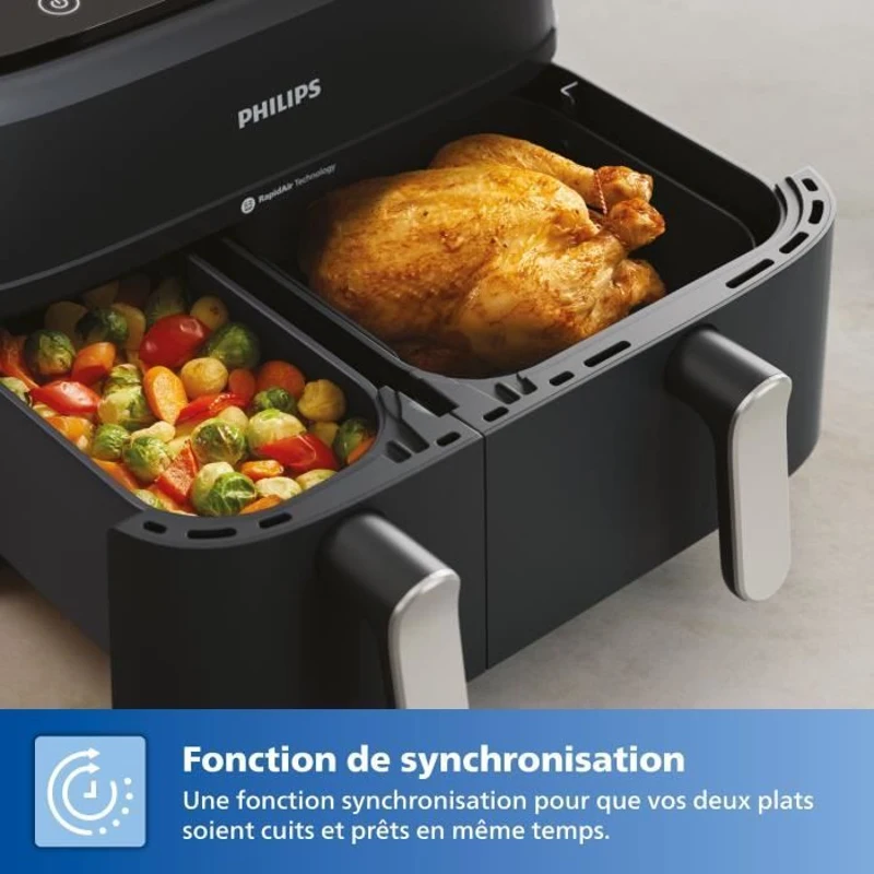 Friteuse sans huile - PHILIPS - NA351/00 - Airfryer Série 3000 double panier 9L - 8 préréglages - 2750W - Noir/Argent