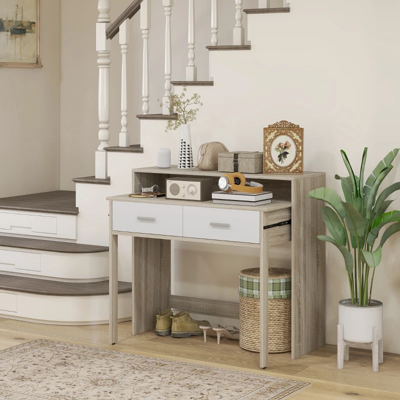 HOMCOM Table console avec plateau coulissant et 2 tiroirs, table de couloir avec rangement, 95l x 35P x 87H cm, aspect chêne