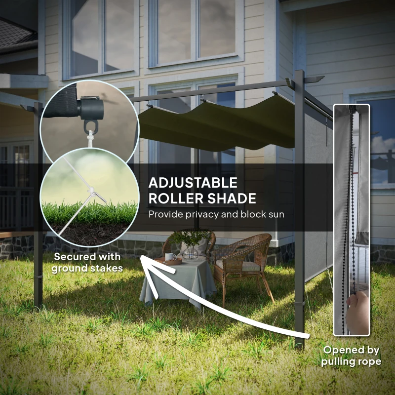 Outsunny 3 x 4m Metal Pergola with Retractable Roof and Roller Shade, Free Standing Garden Gazebo Canopy Pergola Kit, UPF30+ Outdoor Sun Shade Shelter, Grey