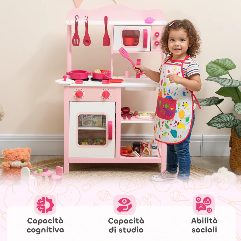 AIYAPLAY Cucina Giocattolo per Bambini 3+ Anni con Microonde, Piano Cottura e Lavandino, in Legno, 55x24x86 cm, Rosa