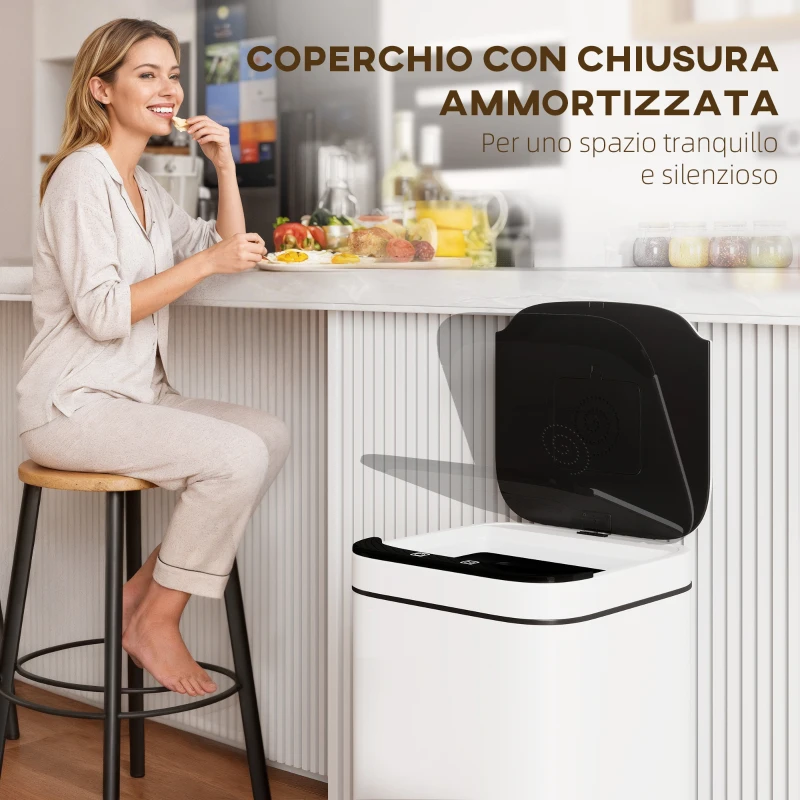 HOMCOM Bidone per Immondizia da 13L con Sensore e Spazio per Deodoranti, in Acciaio e PP, 24x24x41 cm, Bianco e Nero
