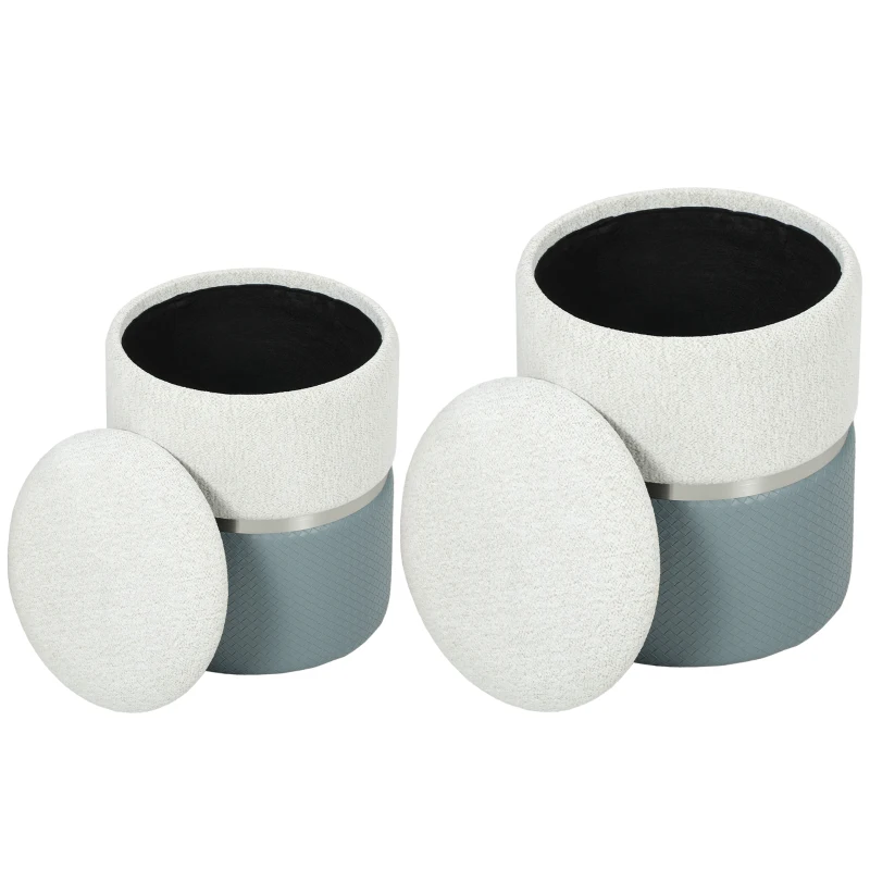 HOMCOM Nesting Round Ottoman with Storage Set of 2 - Cream/Grey