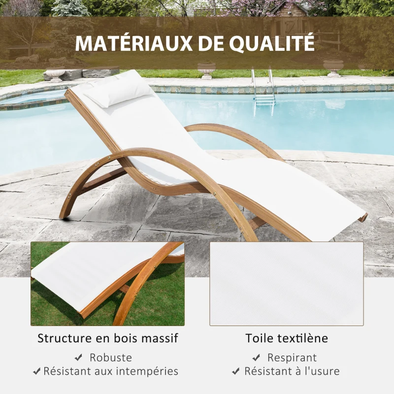 Outsunny Transat Chaise Longue Design Style Tropical Bois Massif Naturel Coloris Beige Blanc