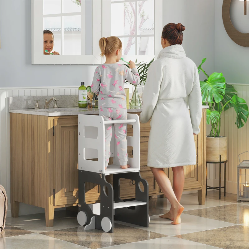 AIYAPLAY Torre de Aprendizaje Taburete Infantil con Pizarra Convertible en Mesa y Silla con Diseño de Coche Blanco y Gris