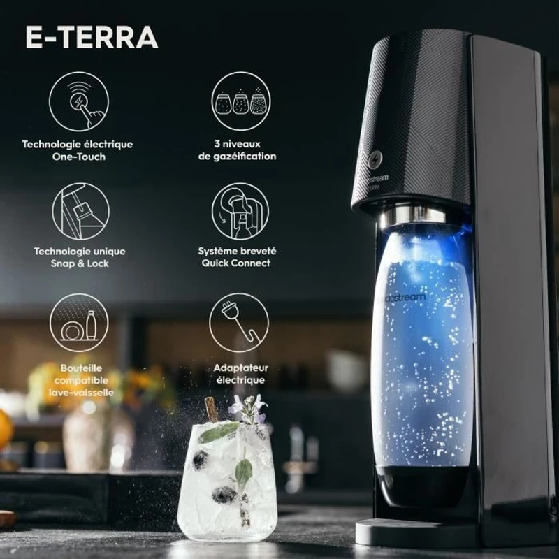 Machine a soda et eau pétillante - SODASTREAM - E-TERRA - 1 bouteille compatible lave-vaisselle - 1 recharge de gaz 60L - Noir