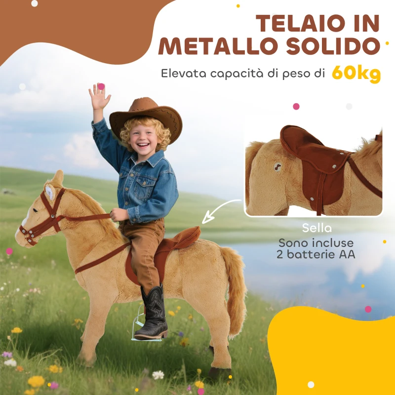 HOMCOM Cavallo Giocattolo con Suoni Realistici, Sella, Briglie e Poggiapiedi, 85x28x60 cm, Beige