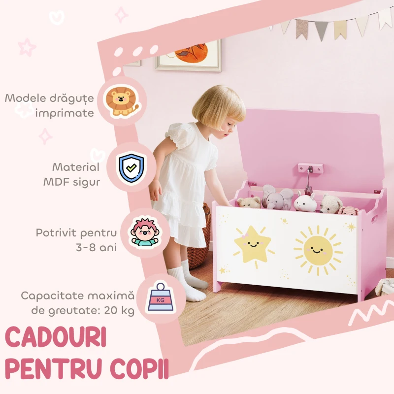 AIYAPLAY Cutie pentru Jucării cu Capac, Balama de Siguranță și Mânere Groove, Organizator pentru Depozitarea Jucăriilor pentru Copii, Camera de Zi, Sala de Joacă, Roz