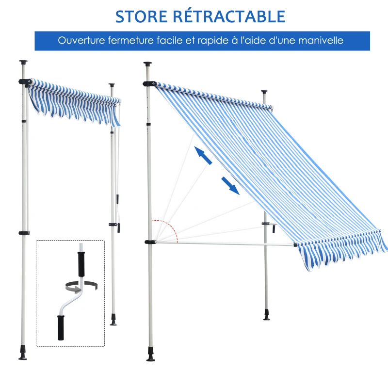 Outsunny Store banne Manuel rétractable 2,5L x 1,5l x 2-3H m Inclinaison réglable Installation Rapide métal alu Polyester Bleu Blanc rayé
