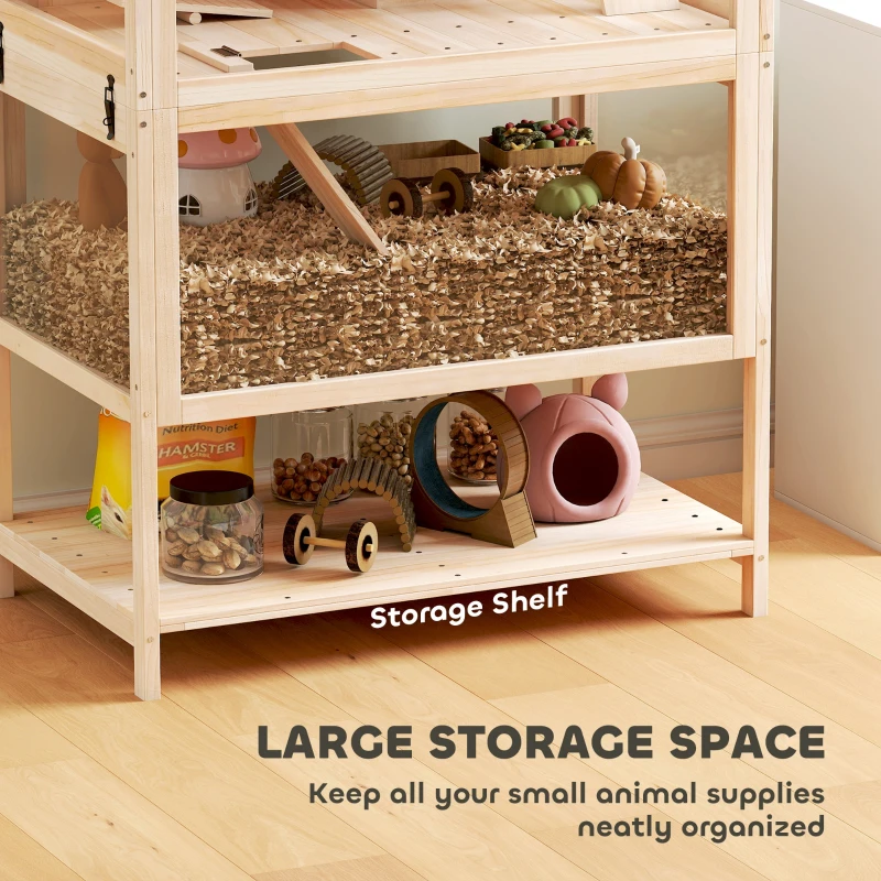 PawHut Wooden Hamster Cage with Detachable Lower Floor, Storage Shelf, Hut, Seesaw, Exercise Wheel, Ramps for Hamster
