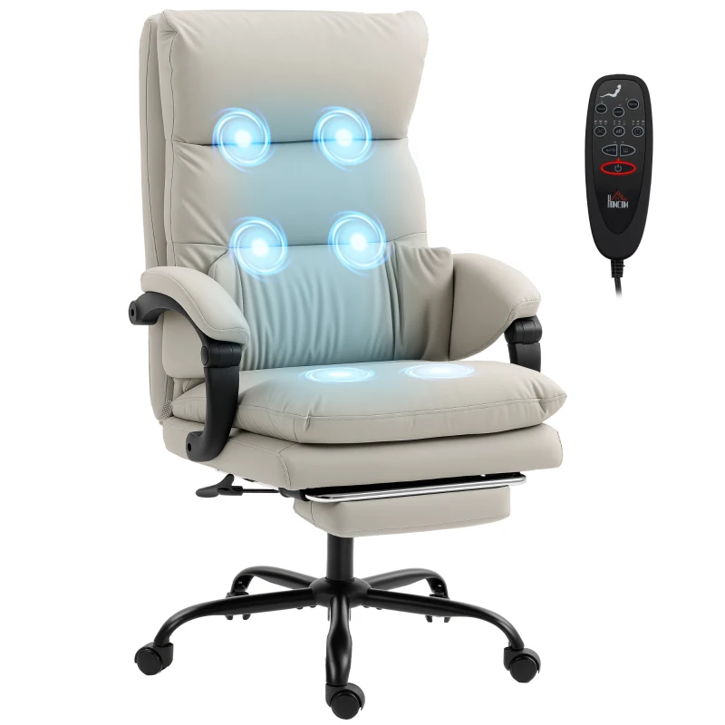 HOMCOM Cadeira de Escritório Massajadora e Aquecida Reclinável 135° com Apoio para Pés em Pele PU Cinza Claro
