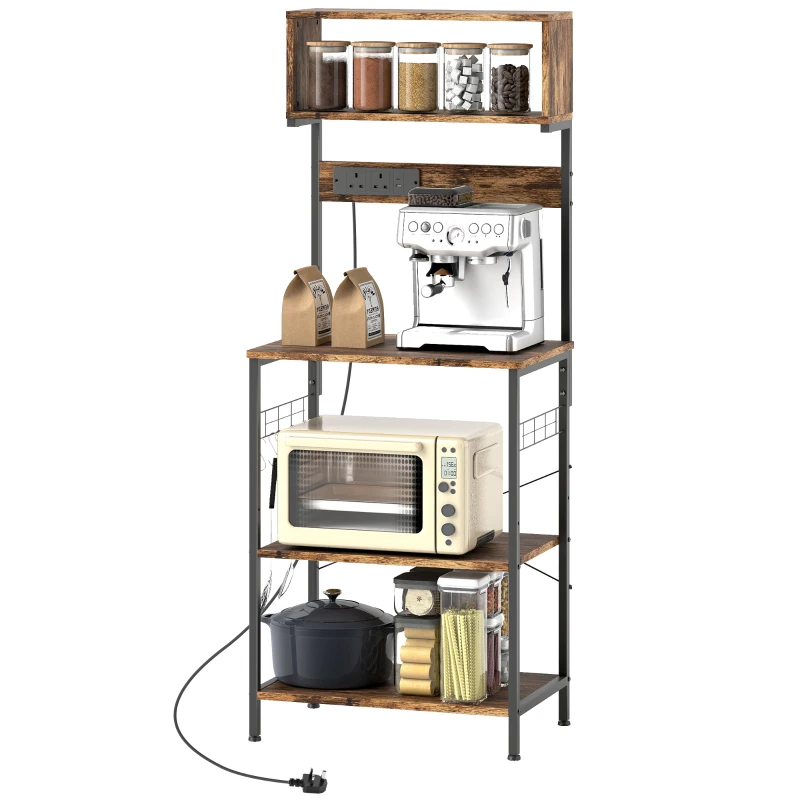 HOMCOM Bakers Rack with Power Outlet, USB Charger, Microwave Stand with Adjustable Shelves, 5 Hooks for Small Spaces, Kitchen Storage Unit for Spices, Pots and Pans, Rustic Brown