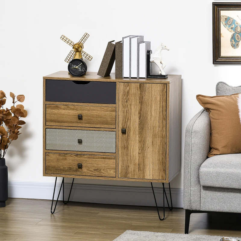 HOMCOM Meuble de rangement commode buffet 4 tiroirs 1 placard - pieds épingles à cheveux style bohème 79 x 39 x 86 cm marron