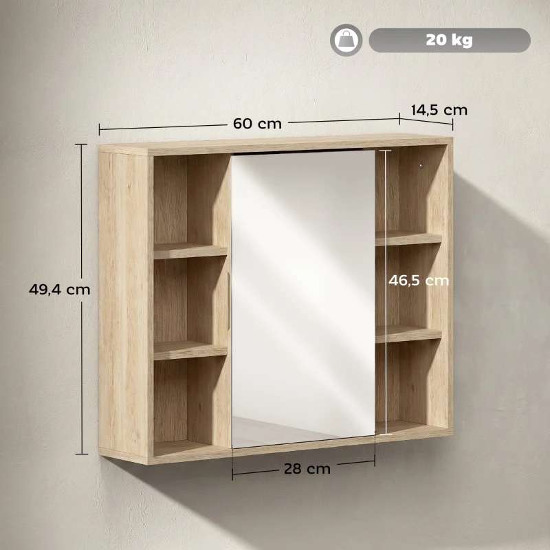 HOMCOM Mueble de baño con espejo, armario con puertas y 6 compartimentos abiertos, 60 x 14,5 x 49,4 cm, madera natural