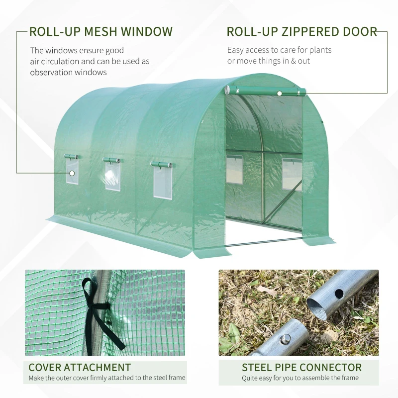 Outsunny 4 x 2 x 2 m Polytunnel Greenhouse with Roll-up Door and 6 Mesh Windows, Walk-in Garden Tunnel Warm House Tent with UV-resistant PE Cover and Galvanised Steel Frame, Green