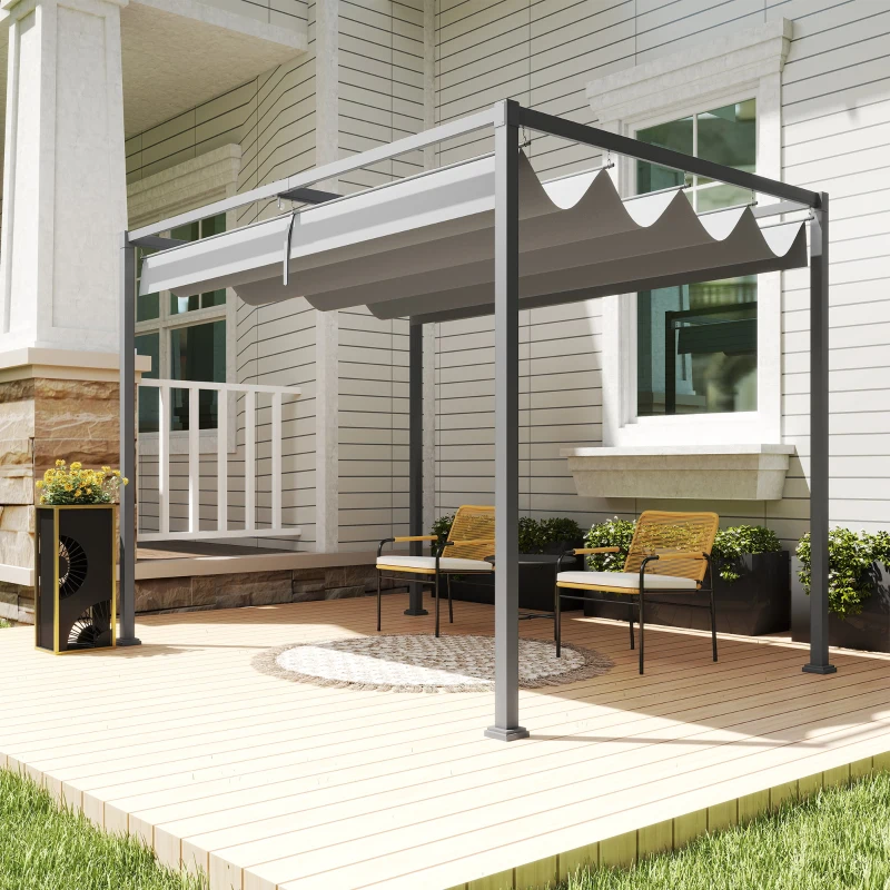 Outsunny 3 x 2m Metal Outdoor Pergola with Retractable Roof, Outdoor Gazebo Canopy Shelter with Drainage Holes for Garden, Patio, Lawn, Grey