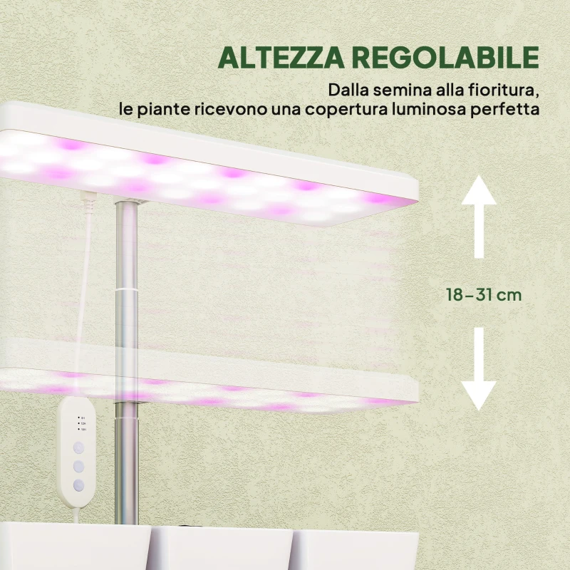 Outsunny Lampade per Pianta da 30 Luci LED con 3 Vasi, Timer e Illuminazione Regolabile, 31.8x13.4x18.6-35.6 cm, Bianco