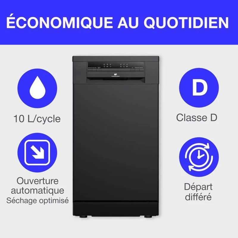 Lave-vaisselle pose libre - CONTINENTAL EDISON - CELV1145B - 11 couverts - 45 cm - 45 dB  - Noir