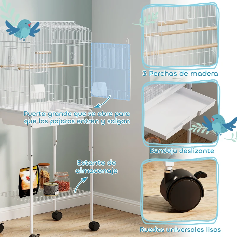 PawHut Jaula para Pájaros con Ruedas Estante Puertas 2 Comederos 2 Perchas Columpio Bandeja Extraíble 46,5x36x124 cm Blanco