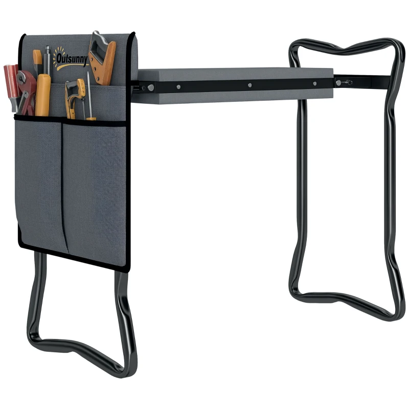 Outsunny Kniebank für Gartenarbeit klappbar Gartenhocker mit Kniekissen Werkzeugtaschen bis 150 kg 58 x 28 x 49cm Grau